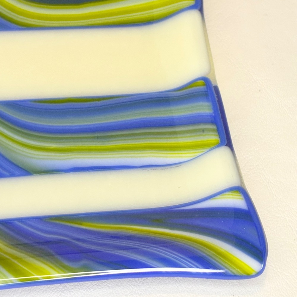Vintage Fused Art Glass Rectangular Tray Plate Blue Green White Striped Wavy
